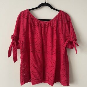 Sundance Eyelet Cotton Tie Sleeve Top Hot Pink L Petite Boho Preppy Scallop Hem‎